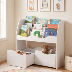 Bücherregal Kinder Spielzeugregal mit 3 Wellenförmigen Ebenen & Abnehmbaren Schubladen Weiß