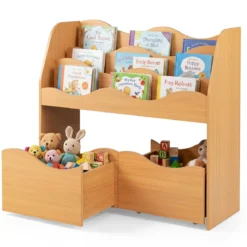 Bücherregal Kinder Spielzeugregal mit 3 Wellenförmigen Ebenen & Abnehmbaren Schubladen Natur