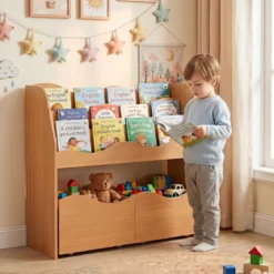 Bücherregal Kinder Spielzeugregal mit 3 Wellenförmigen Ebenen & Abnehmbaren Schubladen Natur