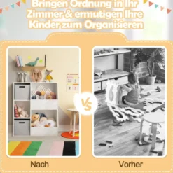 Bücherregal Kinder 3-stöckiges Kinderregal mit 2 Boxen & 5 Fächern 77 x 29 x 94 cm Weiß+Grau