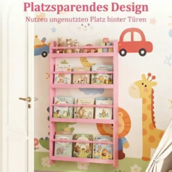 Bücherregal Kinder Wandregal mit 4 Ablagen Platzsparendes Hängeregal für Bücher und Spielzeug Weiß/Rosa