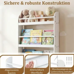 Bücherregal Kinder Wandregal mit 4 Ablagen Platzsparendes Hängeregal für Bücher und Spielzeug Weiß/Rosa
