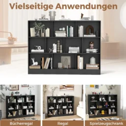 Bücherregal mit 10 Fächern freistehendes Aufbewahrungsregal mit 3 Ebenen und 2 Kippschutz-Sets Schwarz