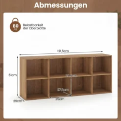 Bücherregal mit 8 Fächern freistehender Bücherschrank mit Kippshutz & rutschfesten Füßen Aufbewahrungsregal Natur