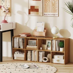 Bücherregal mit 8 Fächern freistehender Bücherschrank mit Kippshutz & rutschfesten Füßen Aufbewahrungsregal Natur
