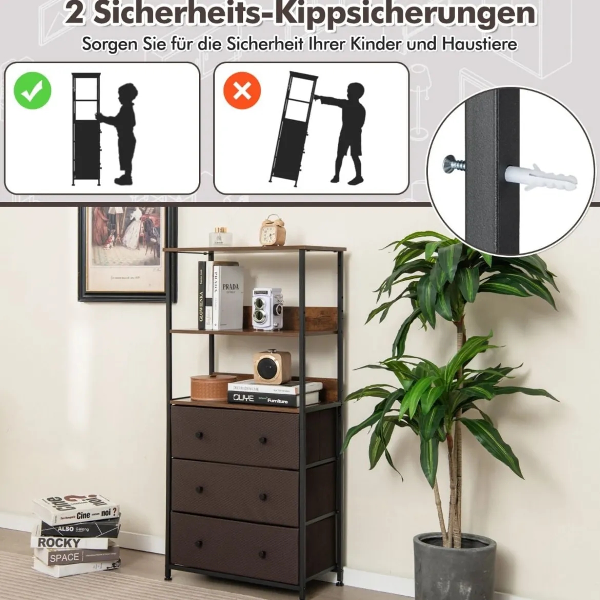 Bücherregal mit 3 Schubladen & Offenen Regalen Kommode Schubladenschrank 56,5 x 20 x 117cm