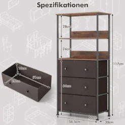 Bücherregal mit 3 Schubladen & Offenen Regalen Kommode Schubladenschrank 56,5 x 20 x 117cm
