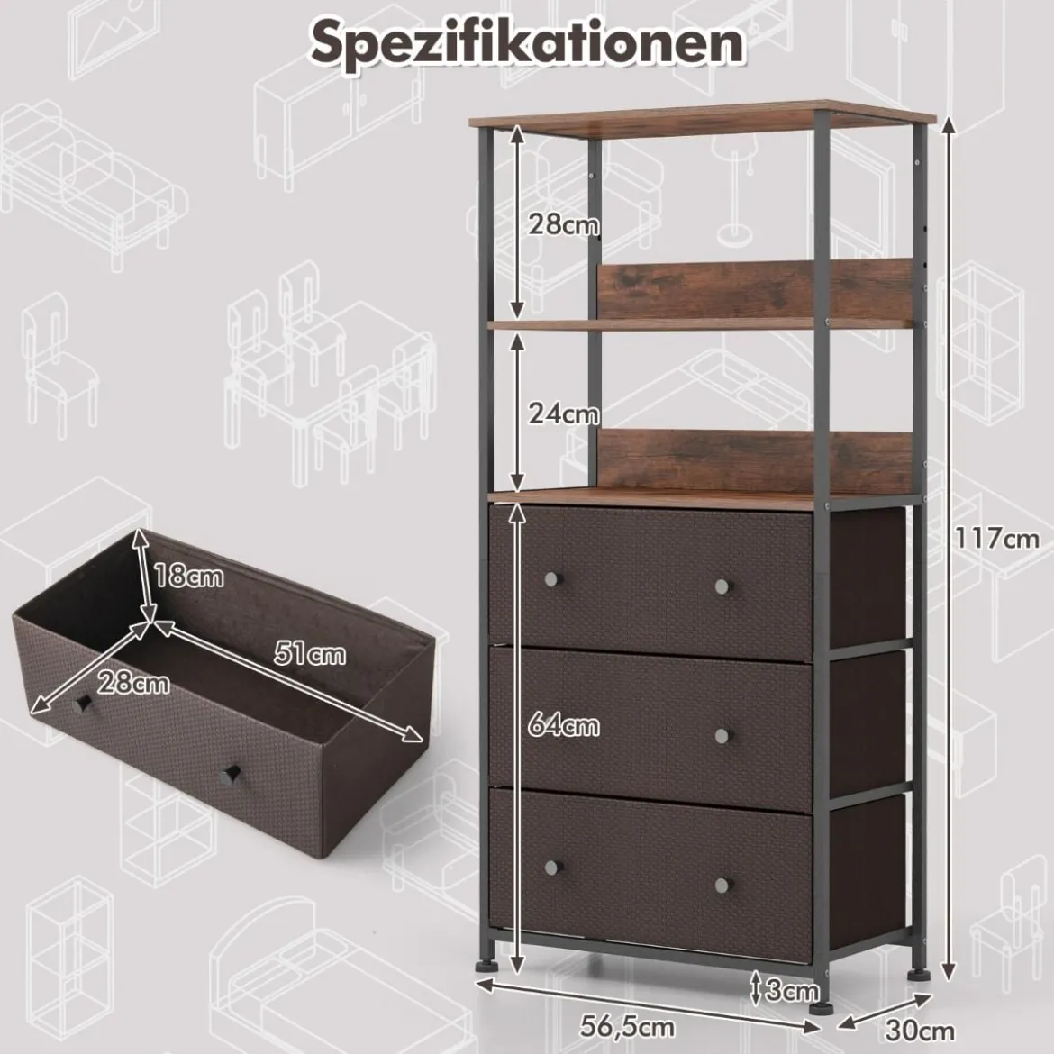 Bücherregal mit 3 Schubladen & Offenen Regalen Kommode Schubladenschrank 56,5 x 20 x 117cm