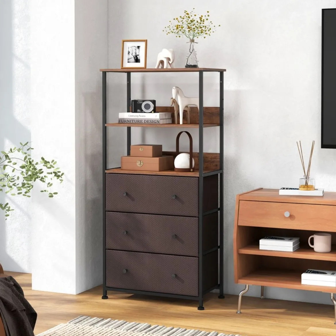 Bücherregal mit 3 Schubladen & Offenen Regalen Kommode Schubladenschrank 56,5 x 20 x 117cm