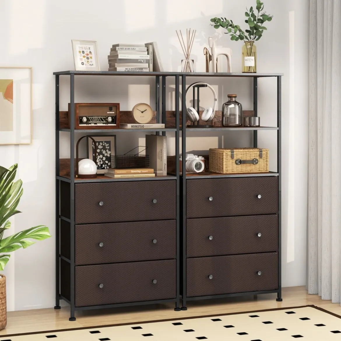 Bücherregal mit 3 Schubladen & Offenen Regalen Kommode Schubladenschrank 56,5 x 20 x 117cm