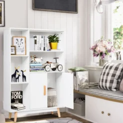 Bücherregal mit Türen und offenes Fächern Bücherschrank Sideboard Kommode Standregal 80 x 24 x 119 cm Weiß