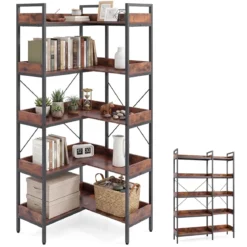 Bücherregal 5 Stöckiges L-Form Eckregal mit Erhöhten Seitenkanten 72 x 69 x 167 cm Braun