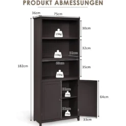 Bücherschrank Bücherregal mit Türen & 3 offenen Regalen Standregal Aktenregal Kaffee