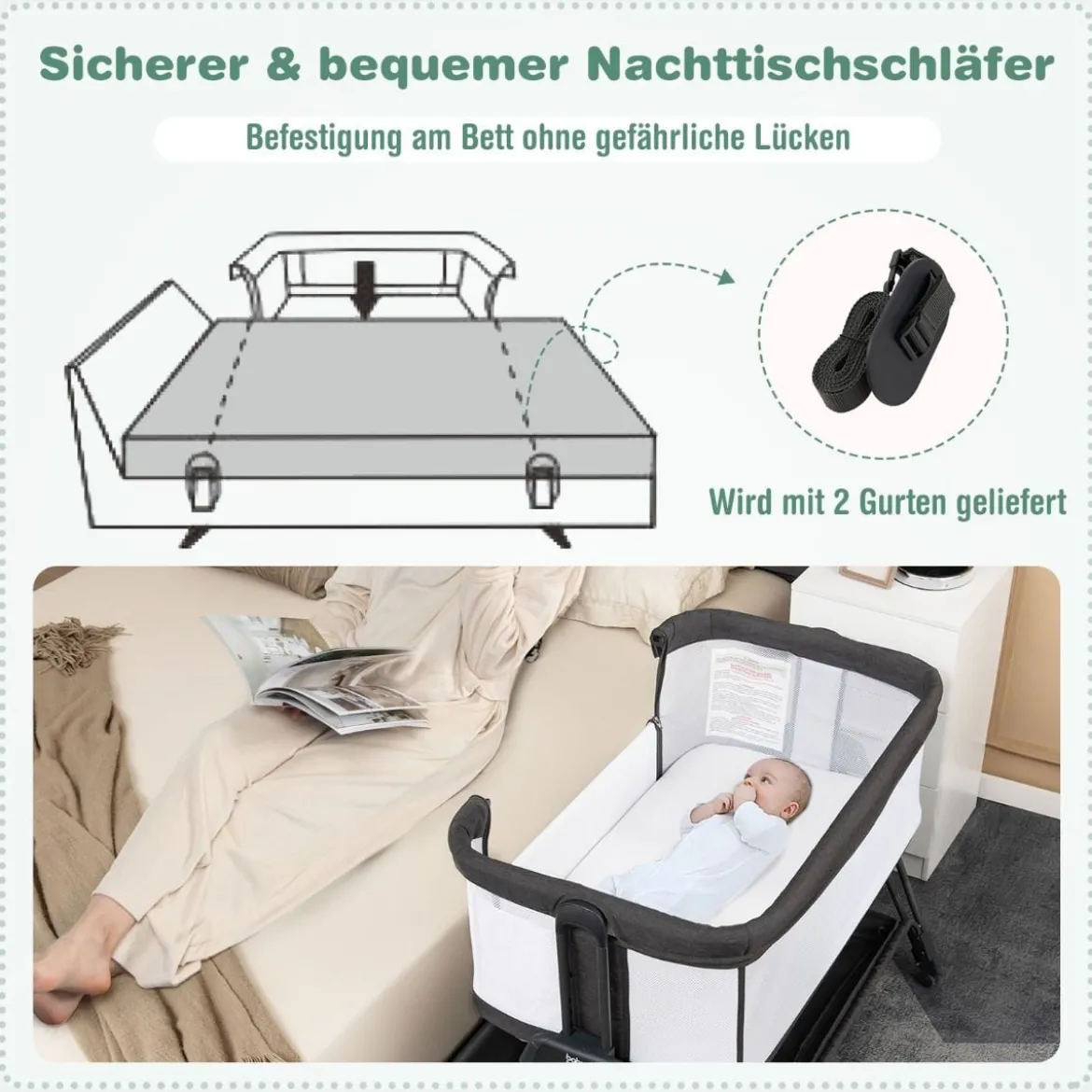 Beistellbett für Babys zusammenklappbares tragbares Babybett Dunkelgrau