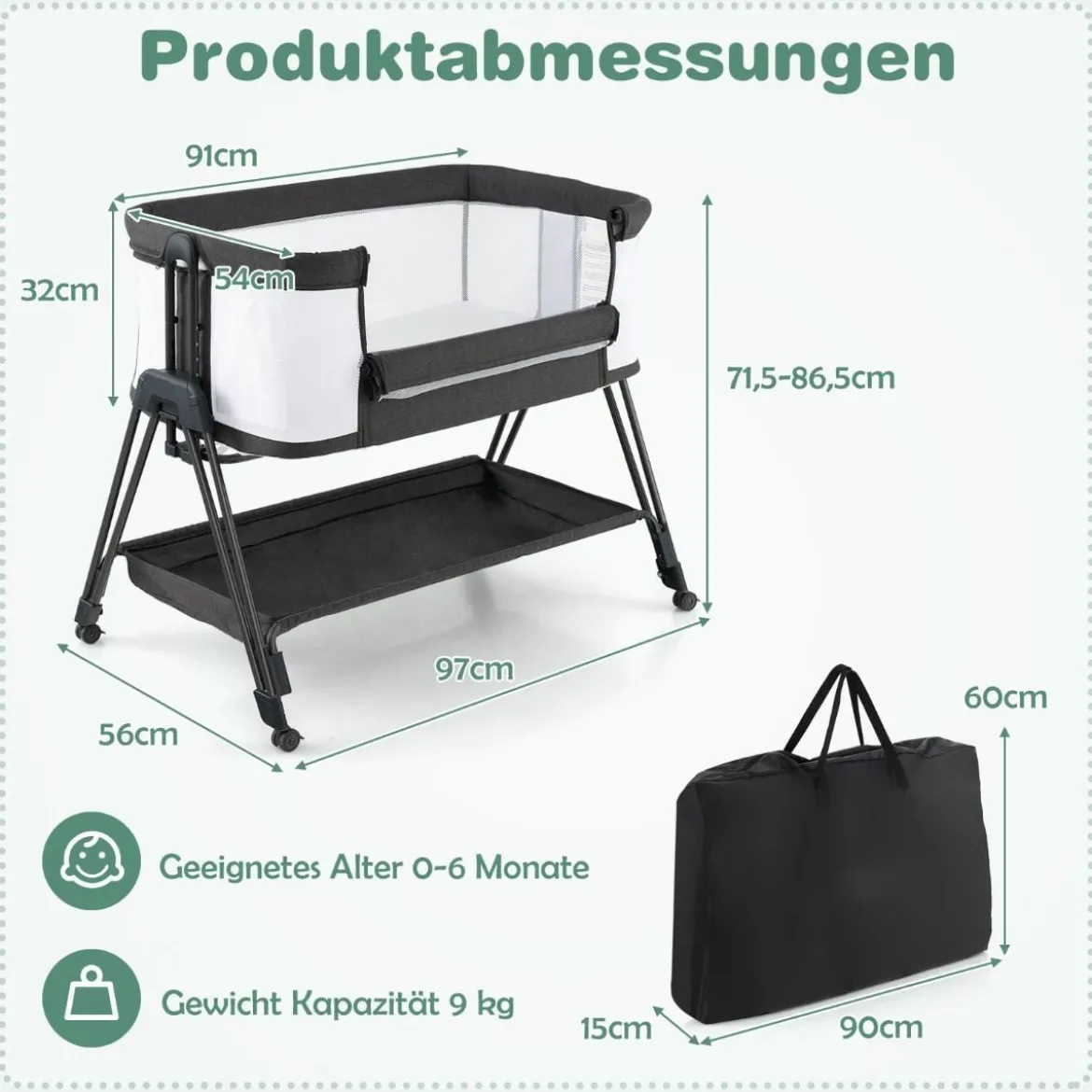 Beistellbett für Babys zusammenklappbares tragbares Babybett Dunkelgrau