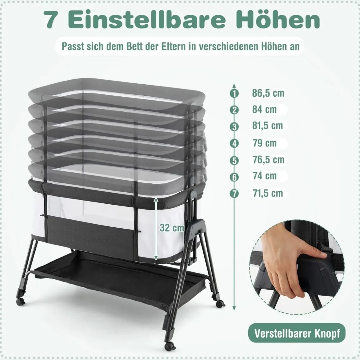 Beistellbett für Babys zusammenklappbares tragbares Babybett Dunkelgrau