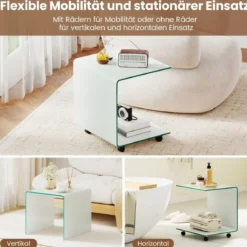 Beistelltisch aus Gehärtetem Glas mit Rollen C-Form Glastisch Nachttisch Sofatisch Kaffeetisch Weiß