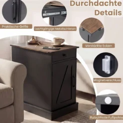Beistelltisch Beistellschrank mit Ladestation Nachttisch mit klappbarer Tischplatte Schublade Schwarz