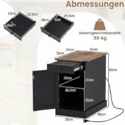 Beistelltisch Beistellschrank mit Ladestation Nachttisch mit klappbarer Tischplatte Schublade Schwarz