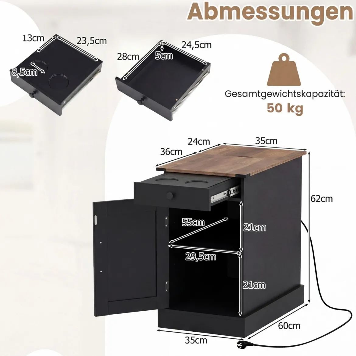 Beistelltisch Beistellschrank mit Ladestation Nachttisch mit klappbarer Tischplatte Schublade Schwarz