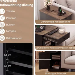 Beistelltisch Beistellschrank mit Ladestation Nachttisch mit klappbarer Tischplatte Schublade Schwarz