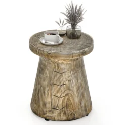 Beistelltisch drinnen & draußen pilzförmiger Pflanzenständer holzähnlicher Hocker wetterfester Tisch aus Naturstein mit Holzmaserung Natur