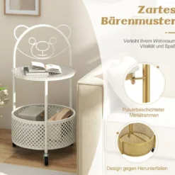 Beistelltisch Glas mit Rollen 2-stufiger Glastisch rund mit Bärenmuster Gold/Weiß