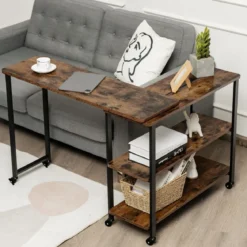 Beistelltisch Holz Couchtisch L-Form Tischplatte 360° drehbar 3 Ebenen Wohnzimmertisch Vintage 101 x 82,5 x 72,5 cm