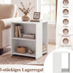 Beistelltisch Holz Quadratischer Sofatisch mit 3 Offenen Ablagefächern Multifunktionaler Wohnzimmertisch