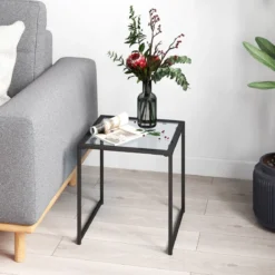 Beistelltisch Kleiner Gartentisch Balkontisch mit Tischplatte aus gehärtetem Glas 43 x 43 x 45 cm Schwarz