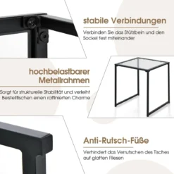 Beistelltisch Kleiner Gartentisch Balkontisch mit Tischplatte aus gehärtetem Glas 43 x 43 x 45 cm Schwarz