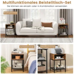 Beistelltisch mit Ablagefach und Gitterablage Nachttisch mit Metallrahmen 40 x 40 x 57,5 cm
