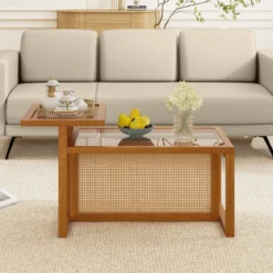 Beistelltisch mit 2 Ebenen Couchtisch mit Gehärteter Glasplatte 102 x 56 x 56 cm Natur