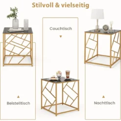 Beistelltisch mit Gehärteter Glasplatte & Metallrahmen Moderner Couchtisch 50 x 50 x 55 cm