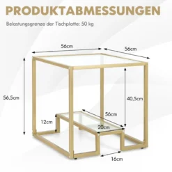 Beistelltisch mit Glas Tischplatte & Metallrahmen Quadratisch 56 x 56 x 56,5 cm Gold