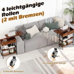 Beistelltisch mit Hebeplatte & Ladestation & Verstecktem Stauraum & Regalen Rollbarer Couchtisch