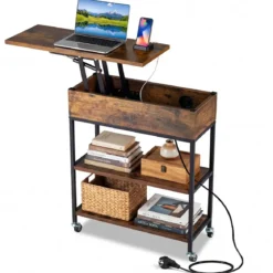 Beistelltisch mit Hebeplatte & Ladestation & Verstecktem Stauraum & Regalen Rollbarer Couchtisch