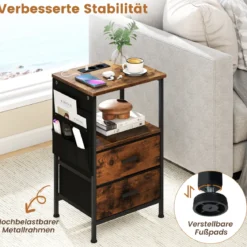 Beistelltisch mit Ladestation Nachttisch mit 2 faltbaren Stoffschubladen 6 seitlichen Aufbewahrungstaschen Rustikal Braun