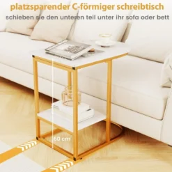 Beistelltisch mit Marmor Optik 2-stöckiger Sofatisch mit Ablagefläche C Form Kaffeetisch