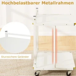 Beistelltisch mit Rollen & 2 Offenen Ablagen Druckertisch C-Form Couchtisch Sofatisch Weiß