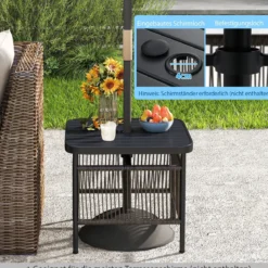 Beistelltisch Outdoor wetterfest Rattan Gartentisch mit Schirmloch kleiner Balkontisch Kaffeetisch für Garten 56 x 56 x 49 cm