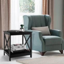Beistelltisch 2-Stufiger Moderner Kaffeetisch Boden-Couchtisch mit X-förmigem Design Schwarz