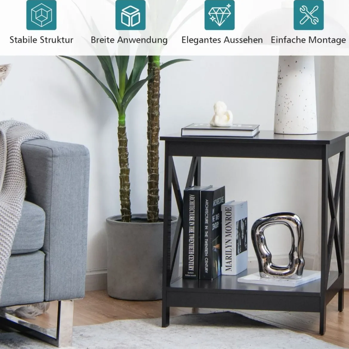 Beistelltisch 2-Stufiger Moderner Kaffeetisch Boden-Couchtisch mit X-förmigem Design Braun