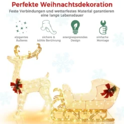 Beleuchteter Rentierschlitten mit 215 Warmweißen Glühbirnen Weihnachtsschlitten Festdekoration