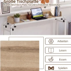 Überbetttisch mit Rollen & Verstellbarer Höhe & Länge Betttisch Pflegetisch Schreibtisch Natur