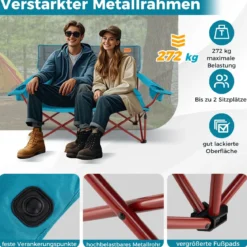 Übergroßer Campingstuhl für 2 Personen zusammenklappbarer Doppelsitz mit verstellbaren Armlehnen Grün/Marineblau