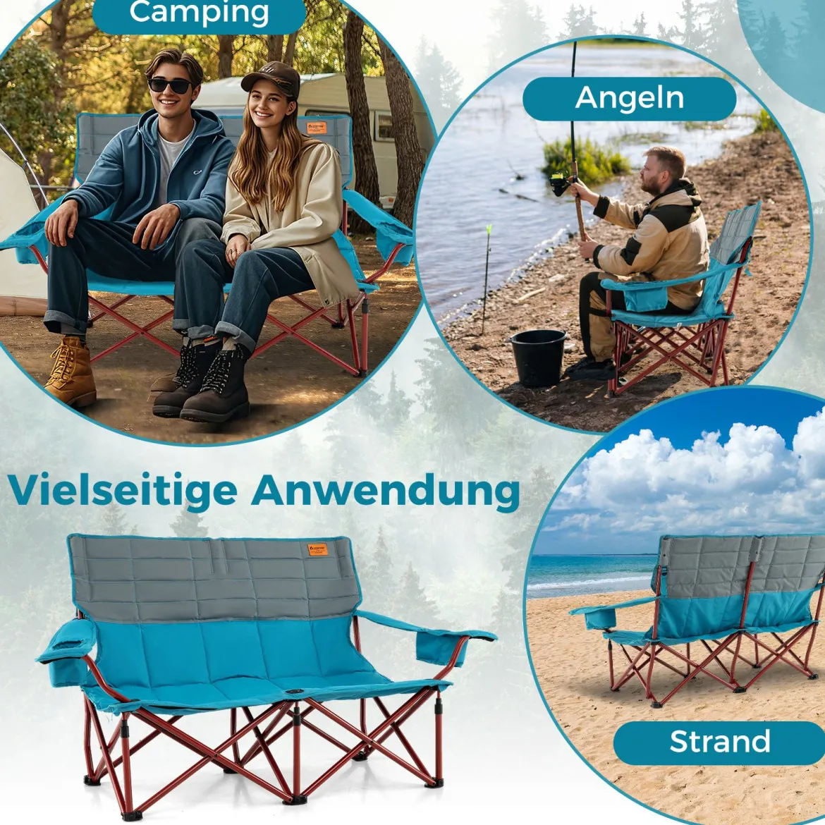 Übergroßer Campingstuhl für 2 Personen zusammenklappbarer Doppelsitz mit verstellbaren Armlehnen Grün/Marineblau
