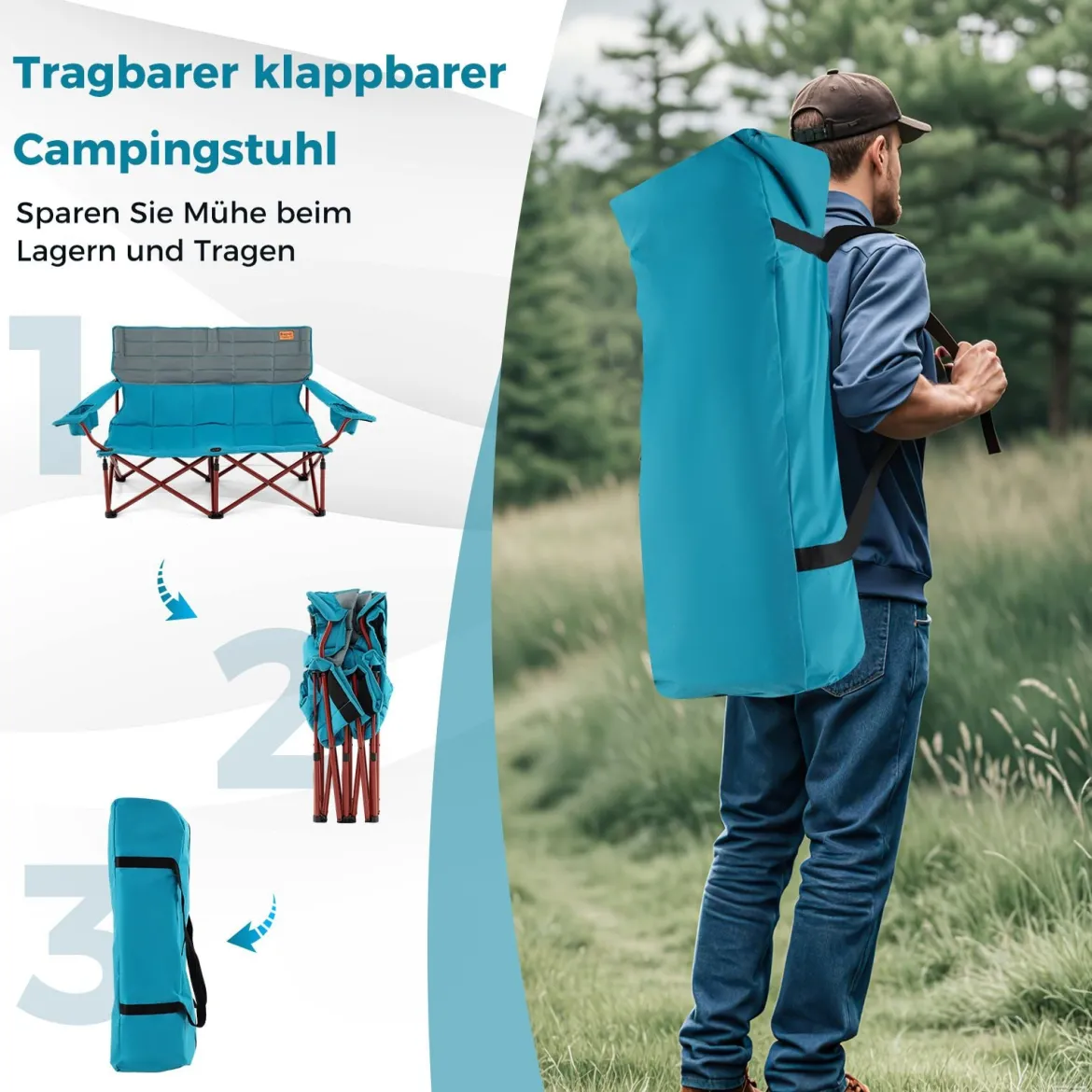 Übergroßer Campingstuhl für 2 Personen zusammenklappbarer Doppelsitz mit verstellbaren Armlehnen Grün/Marineblau