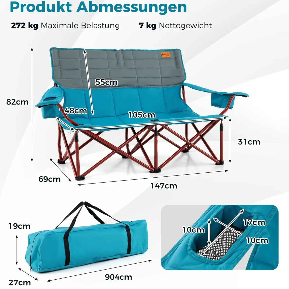 Übergroßer Campingstuhl für 2 Personen zusammenklappbarer Doppelsitz mit verstellbaren Armlehnen Grün/Marineblau