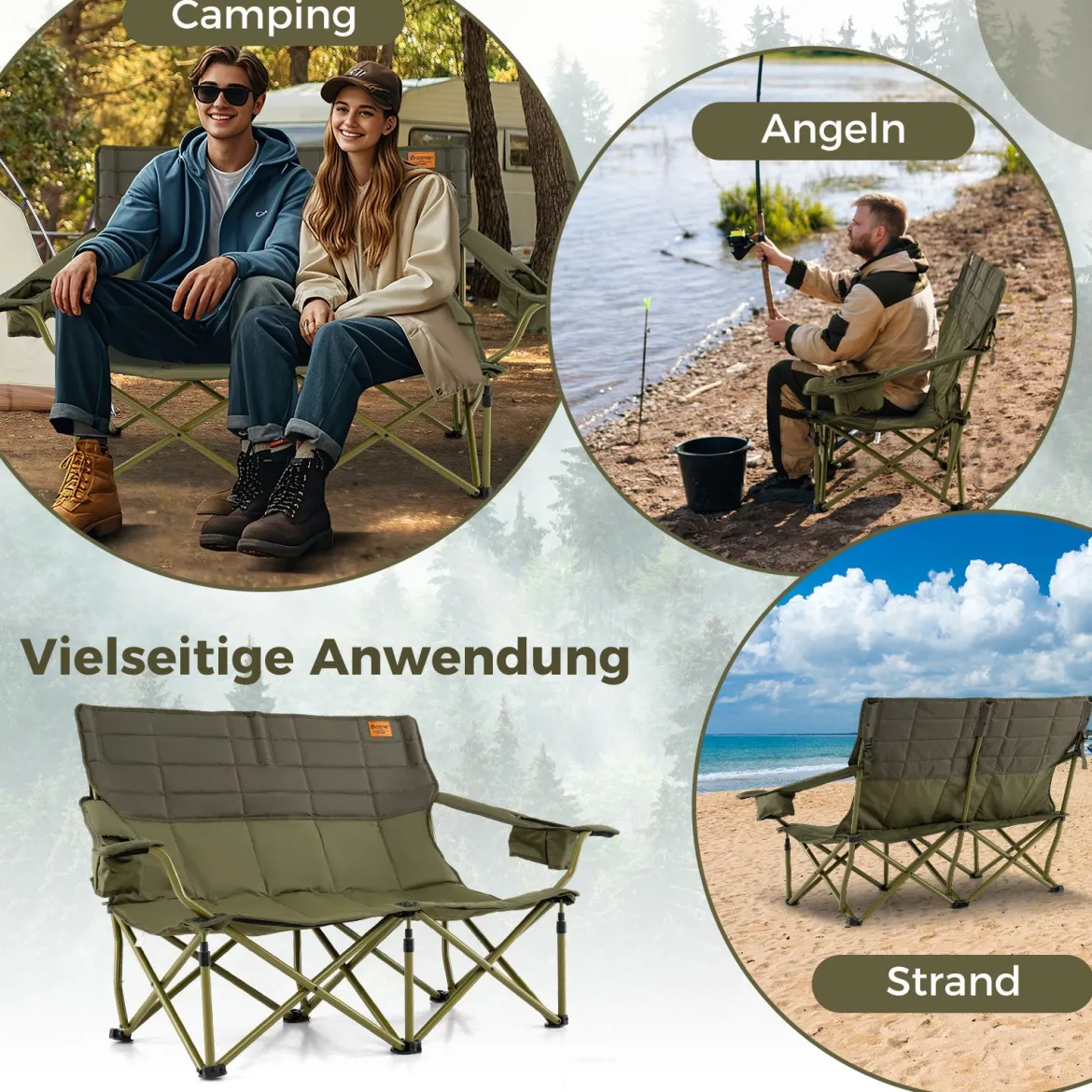 Übergroßer Campingstuhl für 2 Personen zusammenklappbarer Doppelsitz mit verstellbaren Armlehnen Grün/Marineblau